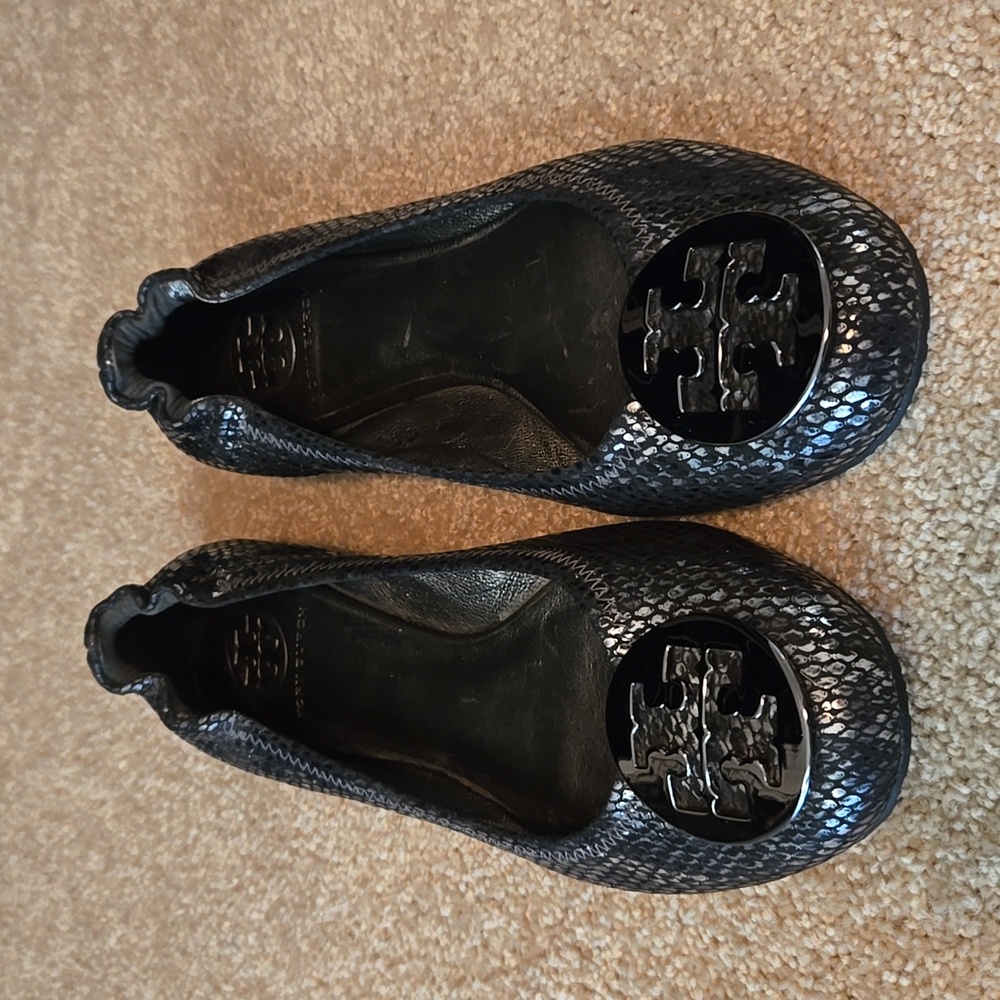 Tory Burch Reva Metallic Ballet Flats Black/Sliver Snakeskin